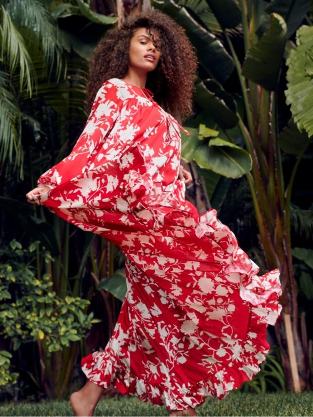 NWT Johanna Ortiz x H&M Red and White Floral Satin Tiered Maxi Dress S